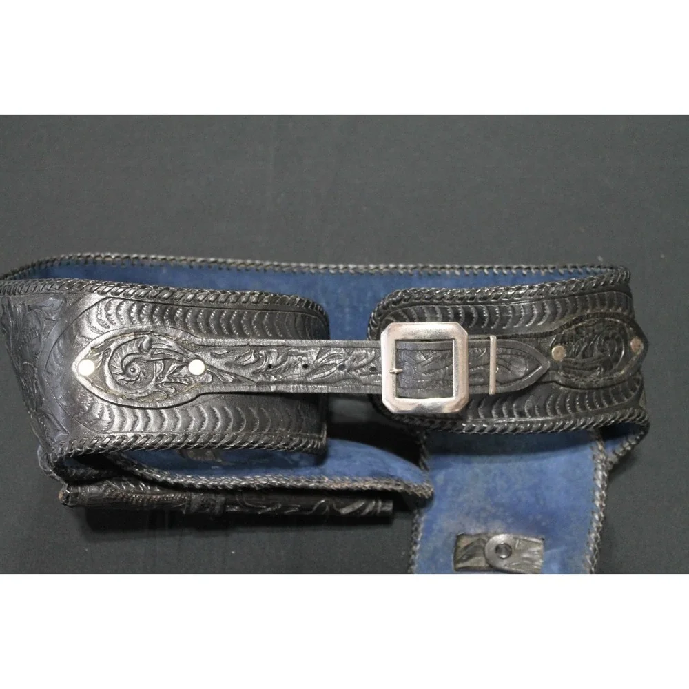 Vintage Tooled Leather Western Double Holster Belt Black Floral Carved Cowboy